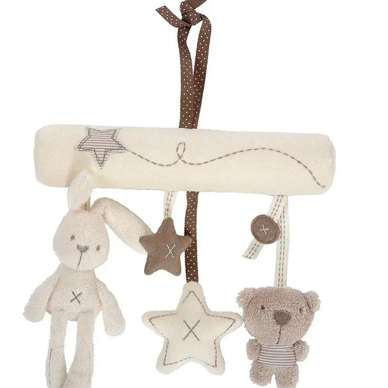 Baby mobile with teddy bear, rabbit, and stars on a white background