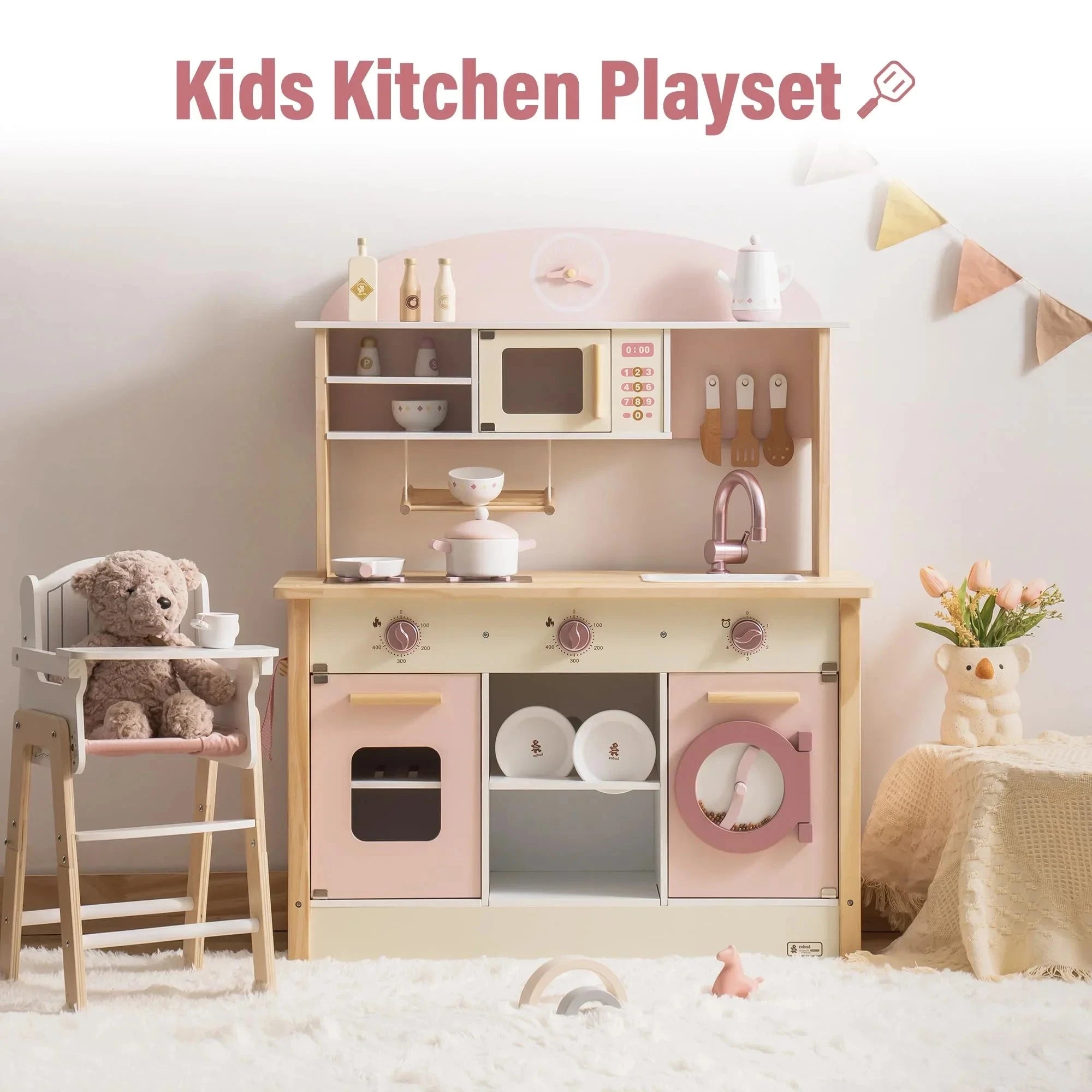 Robotime Robud Wooden Kitchen for Kids Play Kitchen with Plenty of Play Features Toddler Kitchen Set Gift for Girls Boys 3+ SenseNest