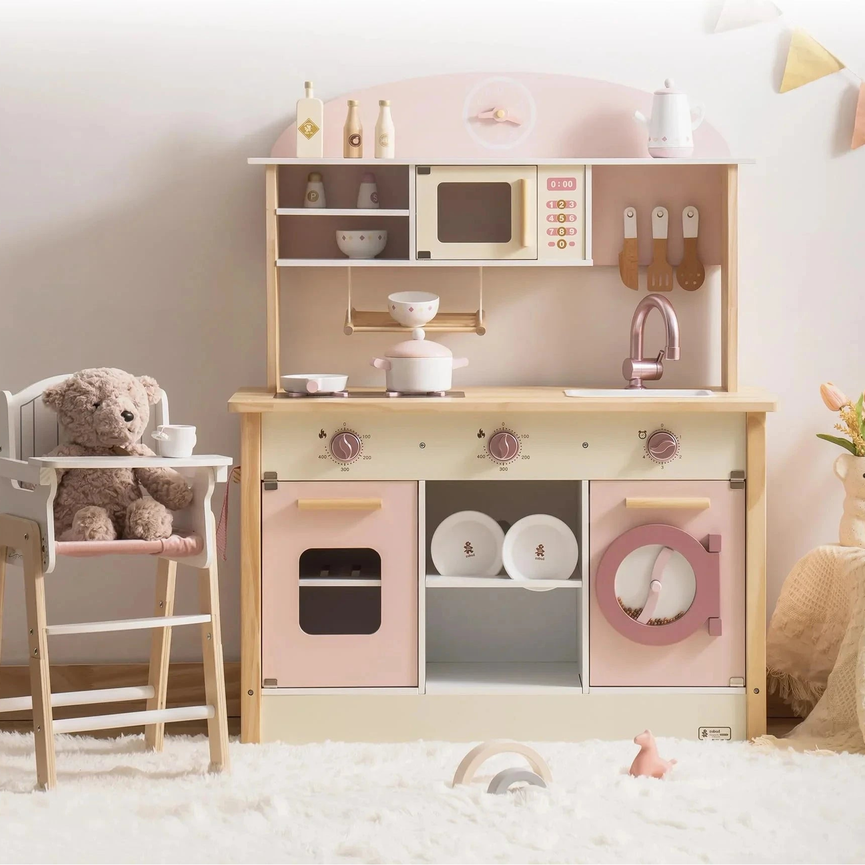 Robotime Robud Wooden Kitchen for Kids Play Kitchen with Plenty of Play Features Toddler Kitchen Set Gift for Girls Boys 3+ SenseNest