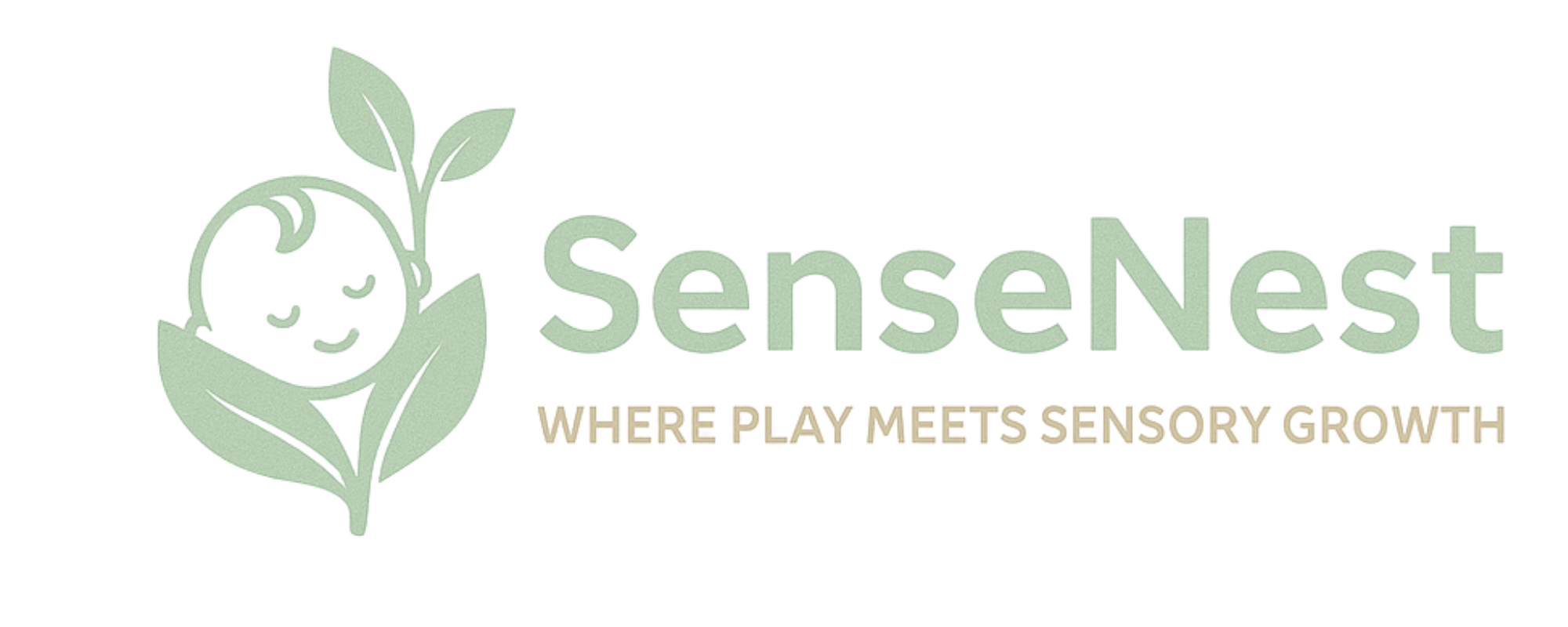 Logo of SenseNest with a baby and leaves, indicating a brand related to sensory growth and play.