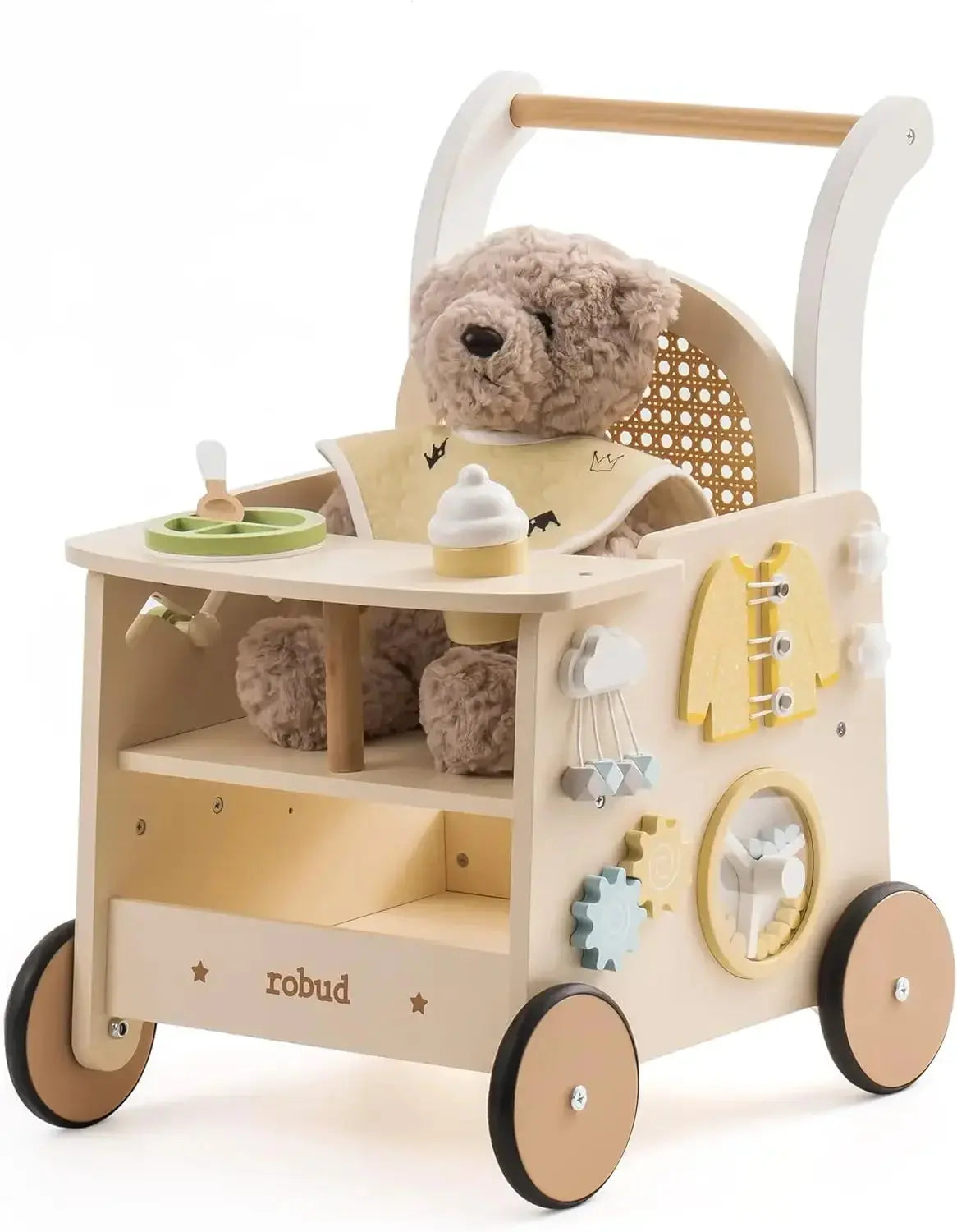 Wooden toy push cart with teddy bear and various toys on a white background