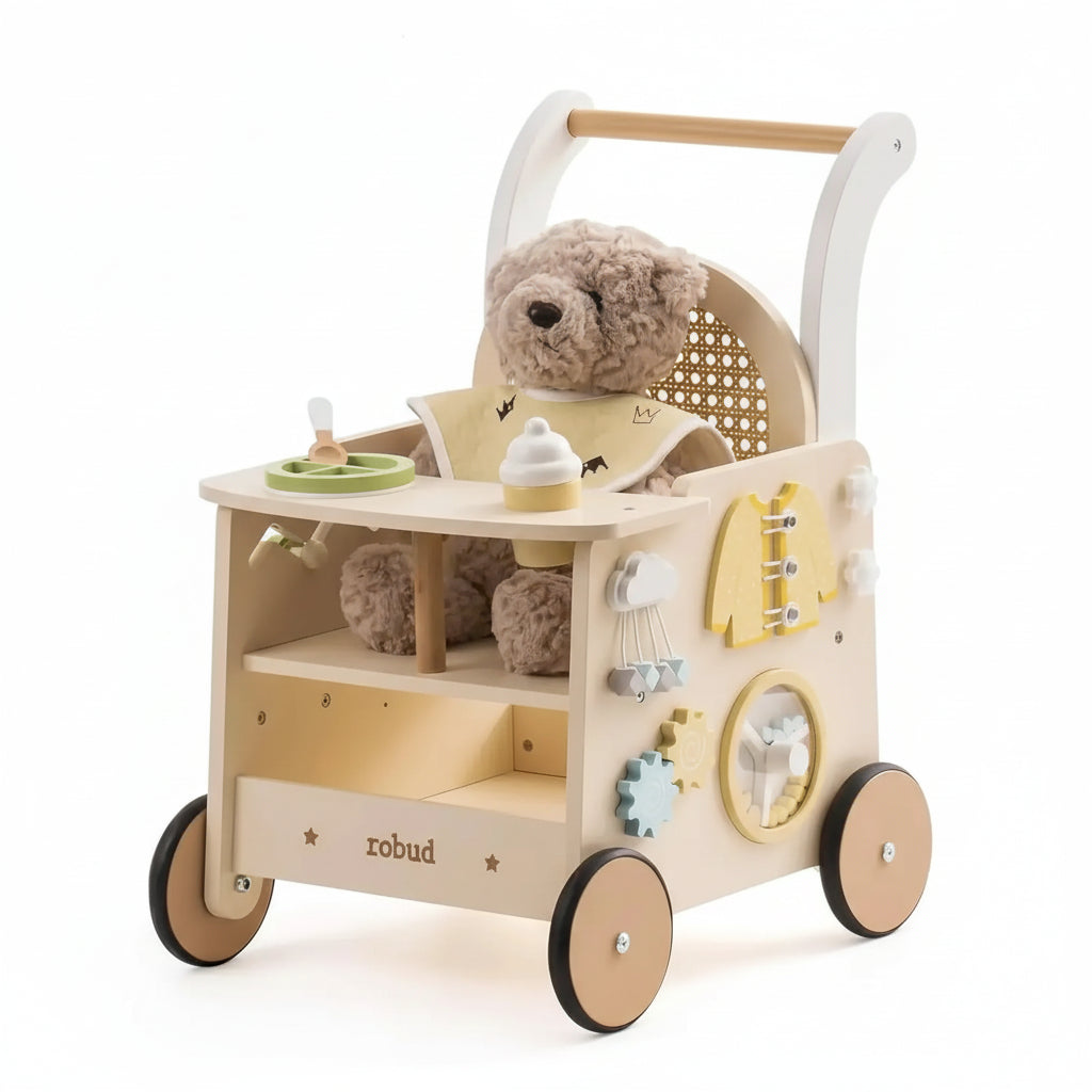 Wooden toy push cart with teddy bear and various toys on a white background