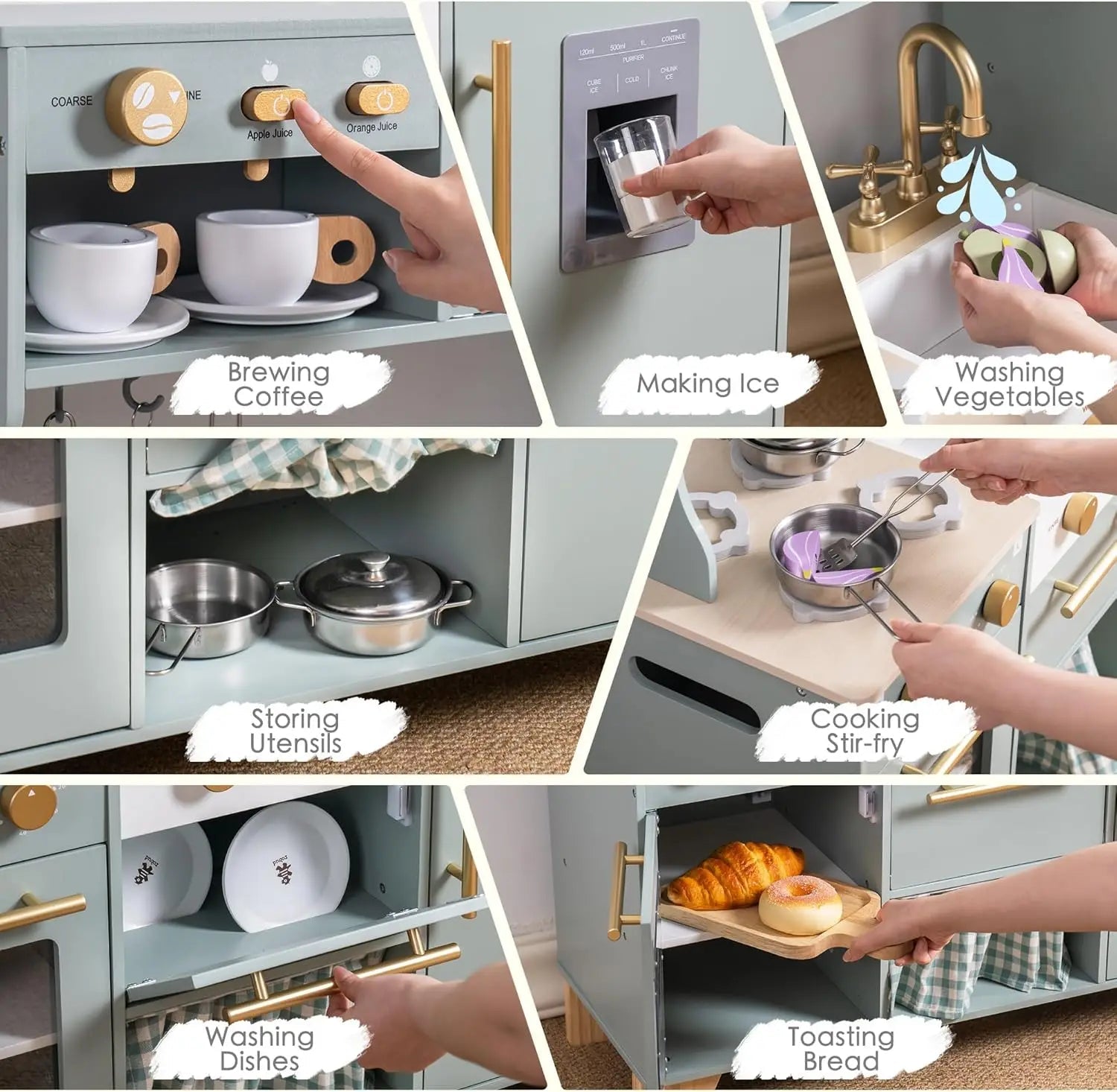 Robotime Wooden Play Kitchen Corner with Fridge, Ice Maker, Coffee Maker, Juicer, Oven, Dishwasher, Microwave Gift for Ages 3+ SenseNest