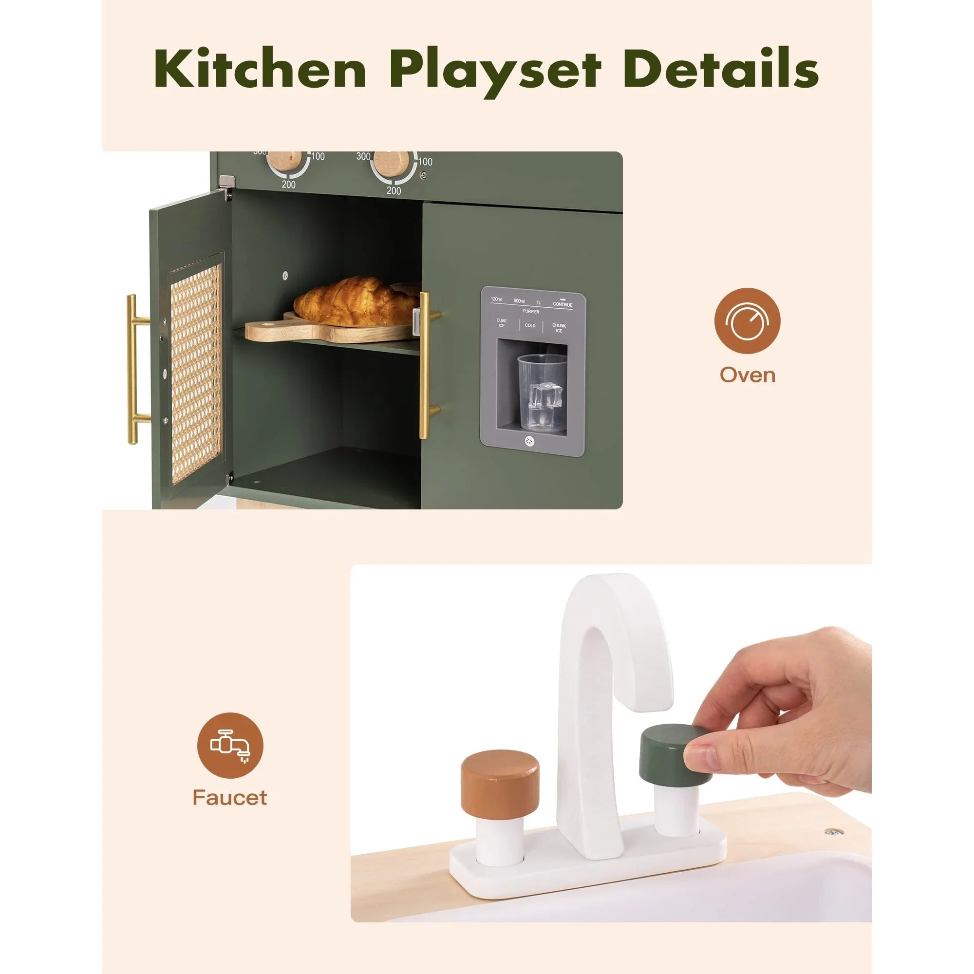 Robotime Robud Kids Kitchen Play Set with Ice Maker Pretend Playset Wooden Toy for Kids Age 3+ Vintage Green for Toddler SenseNest