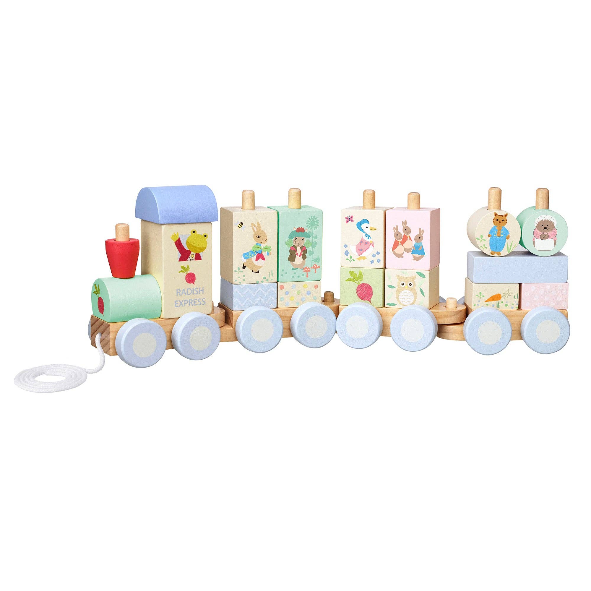 Wooden toy train with colorful blocks on a white background